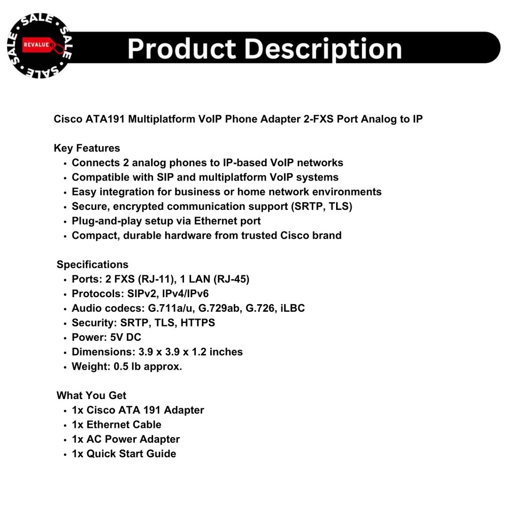 Cisco ATA191 Multiplatform VoIP Phone Adapter 2-FXS Port Analog to IP - Picture 2 of 7